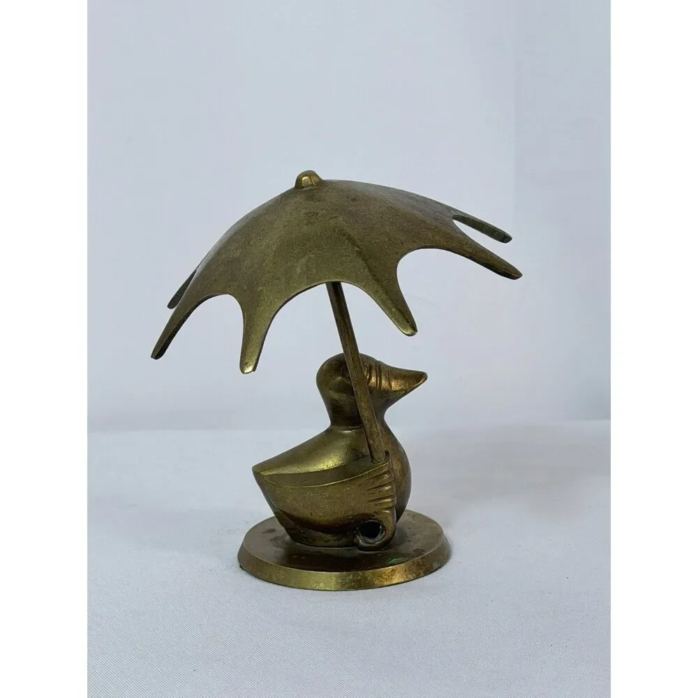Vintage Brass Rubber Duck Holding Umbrella India Decor Mid Century Decor 5